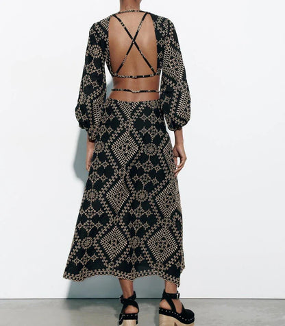 FashionSierra-Vintage  Ethnic Embroidery  Women  Party  Sexy  Deep V-neck  Backless  Long Sleeve  Beach  Summer  Vestidos  Boho Dress