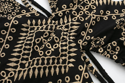 FashionSierra-Vintage  Ethnic Embroidery  Women  Party  Sexy  Deep V-neck  Backless  Long Sleeve  Beach  Summer  Vestidos  Boho Dress