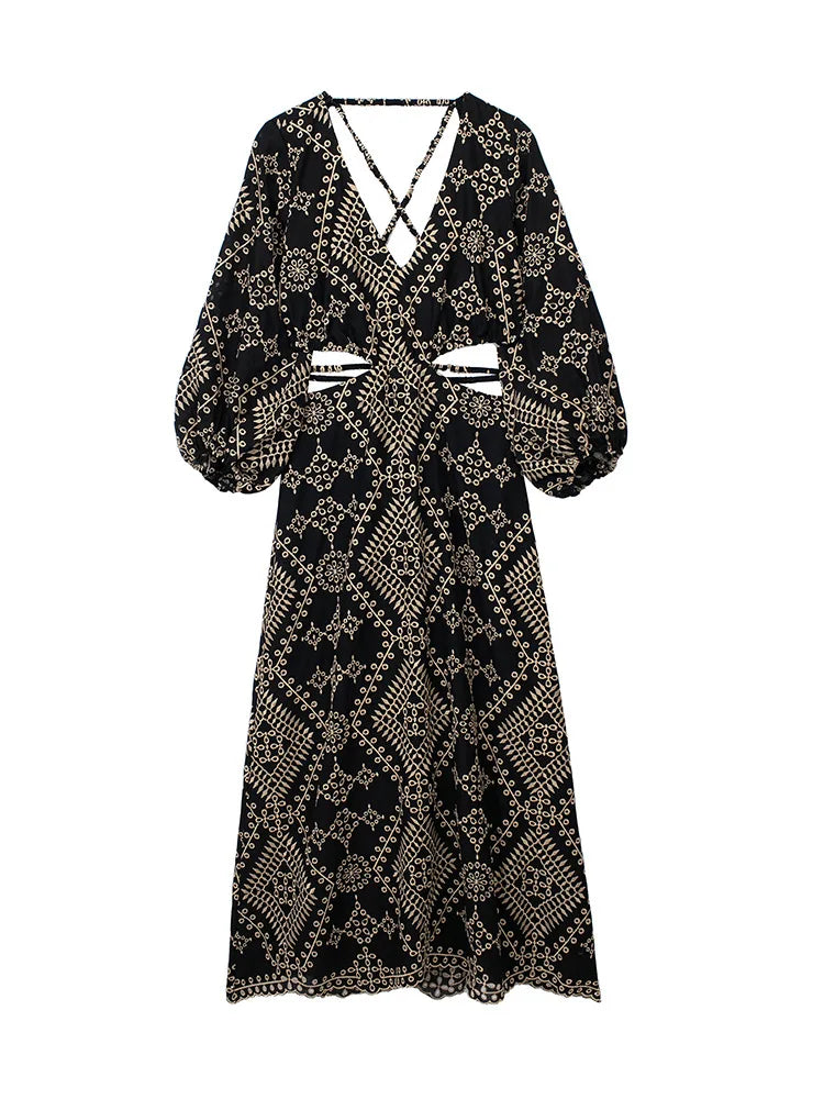 FashionSierra-Vintage  Ethnic Embroidery  Women  Party  Sexy  Deep V-neck  Backless  Long Sleeve  Beach  Summer  Vestidos  Boho Dress