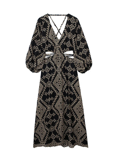 FashionSierra-Vintage  Ethnic Embroidery  Women  Party  Sexy  Deep V-neck  Backless  Long Sleeve  Beach  Summer  Vestidos  Boho Dress
