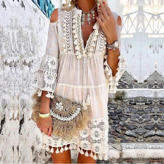 FashionSierra-Vintage  Long Sleeve  Mini  Women  Beach Wear  Deep V  Tassel  Summer  2025  Floral Embroidery  Lace  Vestidos Boho Dress