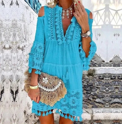 FashionSierra-Vintage  Long Sleeve  Mini  Women  Beach Wear  Deep V  Tassel  Summer  2025  Floral Embroidery  Lace  Vestidos Boho Dress