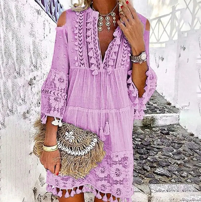 FashionSierra-Vintage  Long Sleeve  Mini  Women  Beach Wear  Deep V  Tassel  Summer  2025  Floral Embroidery  Lace  Vestidos Boho Dress