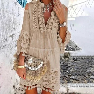 FashionSierra-Vintage  Long Sleeve  Mini  Women  Beach Wear  Deep V  Tassel  Summer  2025  Floral Embroidery  Lace  Vestidos Boho Dress