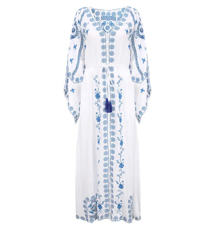 FashionSierra-Hollow  Floral Embroidery  Long Sleeve  Strap  Maxi  White  Vintage  V Neck  Beach Ladies Boho Dress