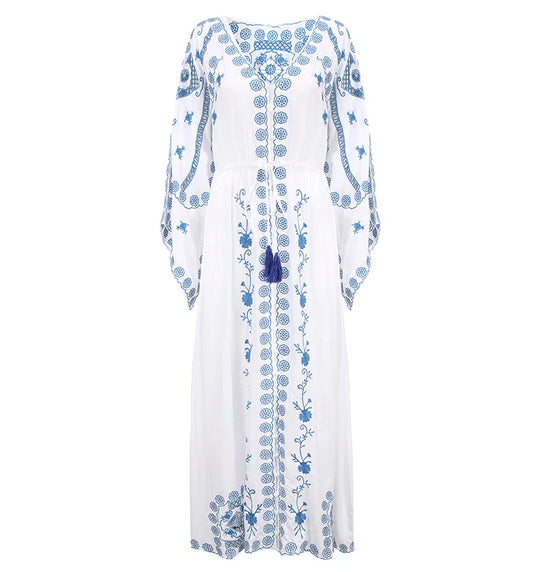 FashionSierra-Hollow  Floral Embroidery  Long Sleeve  Strap  Maxi  White  Vintage  V Neck  Beach Ladies Boho Dress