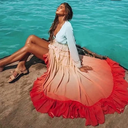 FashionSierra-Chiffon Long Sleeve Maxi Women 2025 Deep V Neck Sexy Irregular Rainbow Ruffles Beach Party Vestidos Boho Dress