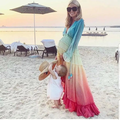 FashionSierra-Chiffon Long Sleeve Maxi Women 2025 Deep V Neck Sexy Irregular Rainbow Ruffles Beach Party Vestidos Boho Dress
