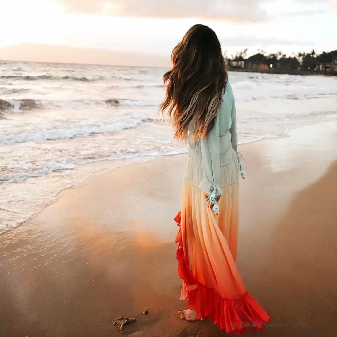 FashionSierra-Chiffon Long Sleeve Maxi Women 2025 Deep V Neck Sexy Irregular Rainbow Ruffles Beach Party Vestidos Boho Dress