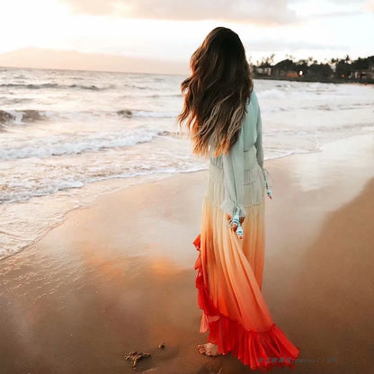 FashionSierra-Chiffon Long Sleeve Maxi Women 2025 Deep V Neck Sexy Irregular Rainbow Ruffles Beach Party Vestidos Boho Dress