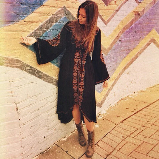 FashionSierra-Long Sleeve  Women  Tunic  Vintage  Floral Embroidered  Cotton  Long  Casual  Hippie  Asymmetric Robe Boho Dress