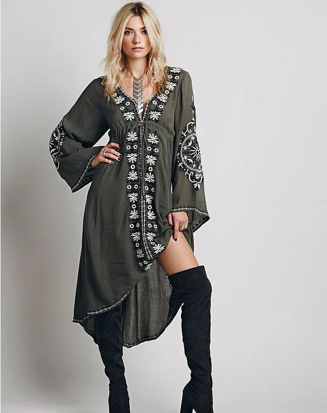 FashionSierra-Long Sleeve  Women  Tunic  Vintage  Floral Embroidered  Cotton  Long  Casual  Hippie  Asymmetric Robe Boho Dress
