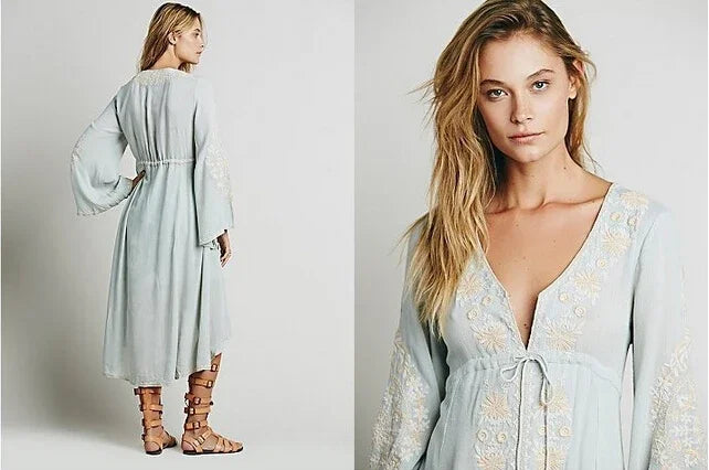FashionSierra-Long Sleeve  Women  Tunic  Vintage  Floral Embroidered  Cotton  Long  Casual  Hippie  Asymmetric Robe Boho Dress