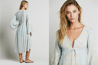 FashionSierra-Long Sleeve  Women  Tunic  Vintage  Floral Embroidered  Cotton  Long  Casual  Hippie  Asymmetric Robe Boho Dress