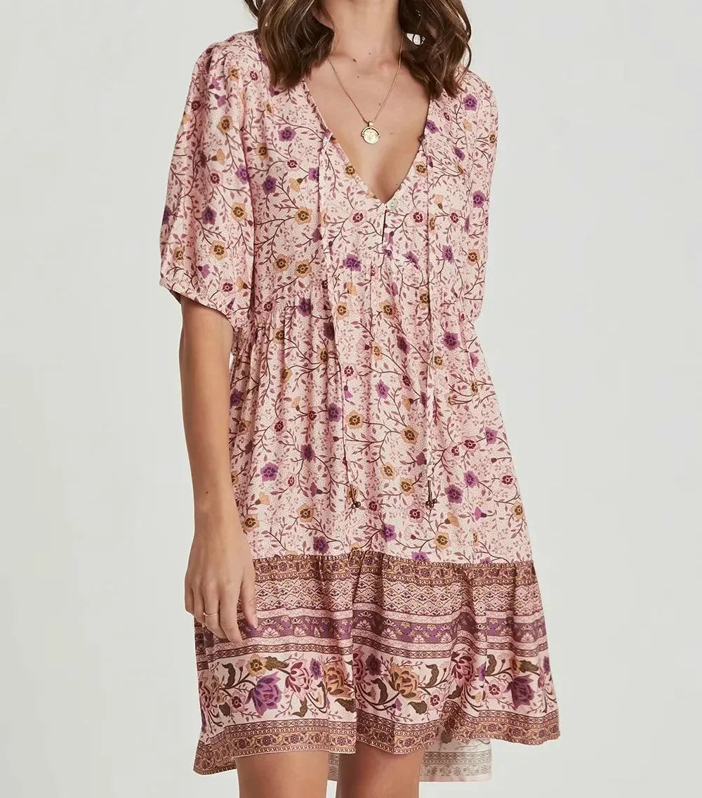 FashionSierra-Pink  Floral Print  Robe  A-line  Mini  Women 2025  Beach  V Neck  Short  Summer  Vintage  Loose  Casual Boho Dress