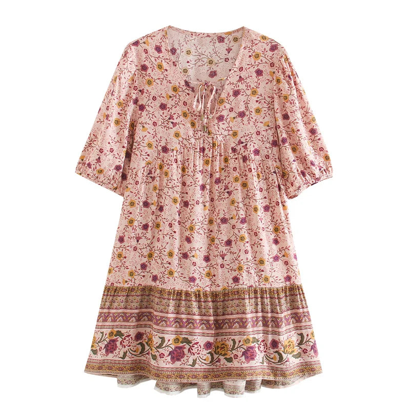FashionSierra-Pink  Floral Print  Robe  A-line  Mini  Women 2025  Beach  V Neck  Short  Summer  Vintage  Loose  Casual Boho Dress