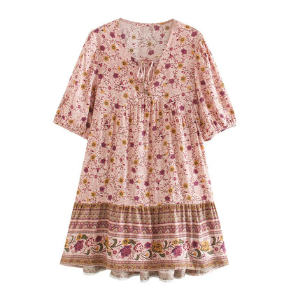 FashionSierra-Pink  Floral Print  Robe  A-line  Mini  Women 2025  Beach  V Neck  Short  Summer  Vintage  Loose  Casual Boho Dress