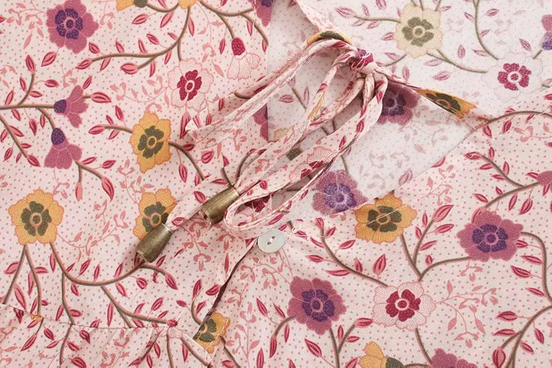 FashionSierra-Pink  Floral Print  Robe  A-line  Mini  Women 2025  Beach  V Neck  Short  Summer  Vintage  Loose  Casual Boho Dress