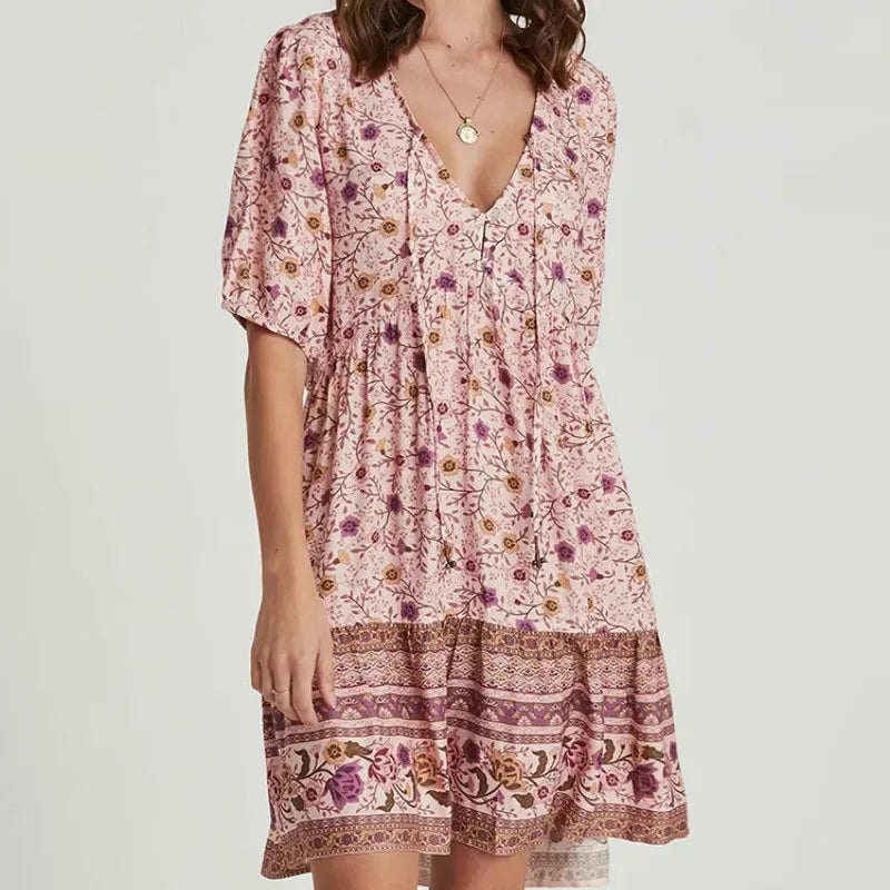 FashionSierra-Pink  Floral Print  Robe  A-line  Mini  Women 2025  Beach  V Neck  Short  Summer  Vintage  Loose  Casual Boho Dress