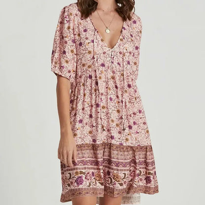 FashionSierra-Pink  Floral Print  Robe  A-line  Mini  Women 2025  Beach  V Neck  Short  Summer  Vintage  Loose  Casual Boho Dress