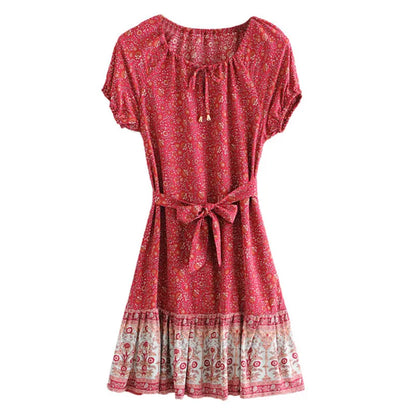 FashionSierra-Puff  Print  Short Sleeve  Mini  Vintage  Red Floral  Beach  Summer  Cotton Boho Dress