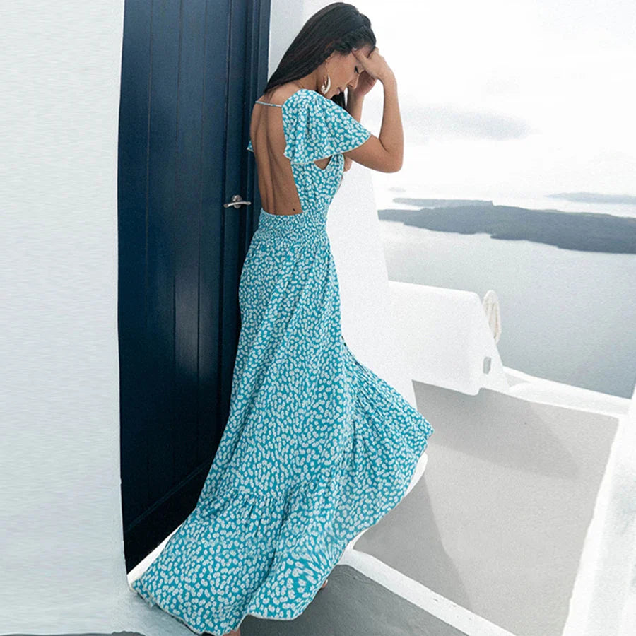 FashionSierra-Sexy  Backless  Maxi  Summer  2025  Cotton  Blue Floral Print  Beach  V Neck  Vestidos  Casual  Women  Robe Boho Dress