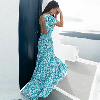 FashionSierra-Sexy  Backless  Maxi  Summer  2025  Cotton  Blue Floral Print  Beach  V Neck  Vestidos  Casual  Women  Robe Boho Dress