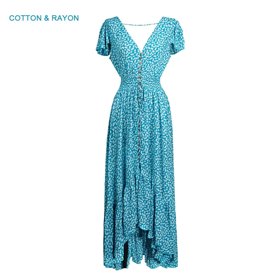 FashionSierra-Sexy  Backless  Maxi  Summer  2025  Cotton  Blue Floral Print  Beach  V Neck  Vestidos  Casual  Women  Robe Boho Dress