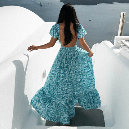 FashionSierra-Sexy  Backless  Maxi  Summer  2025  Cotton  Blue Floral Print  Beach  V Neck  Vestidos  Casual  Women  Robe Boho Dress