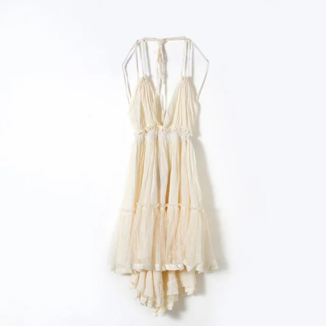 FashionSierra-Sexy  Deep V Neck  Sleeveless  Backless  Mini  Women  Summer  Beach  Lace  Vestidos  2025  Boho Dress