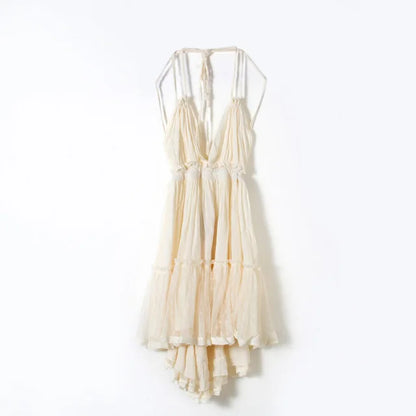 FashionSierra-Sexy  Deep V Neck  Sleeveless  Backless  Mini  Women  Summer  Beach  Lace  Vestidos  2025  Boho Dress
