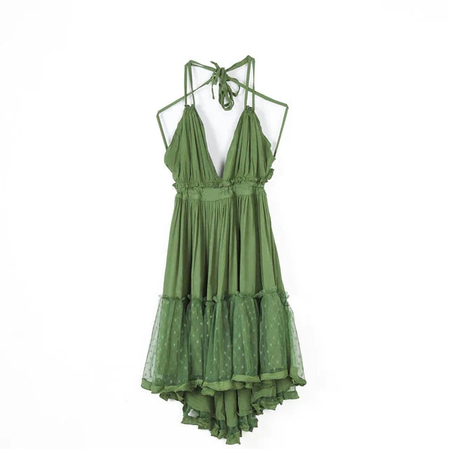 FashionSierra-Sexy  Deep V Neck  Sleeveless  Backless  Mini  Women  Summer  Beach  Lace  Vestidos  2025  Boho Dress