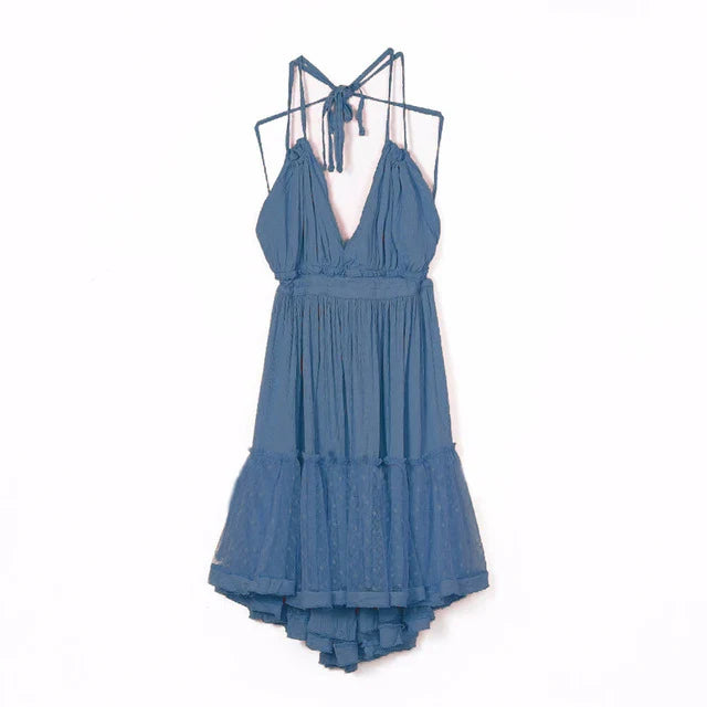 FashionSierra-Sexy  Deep V Neck  Sleeveless  Backless  Mini  Women  Summer  Beach  Lace  Vestidos  2025  Boho Dress
