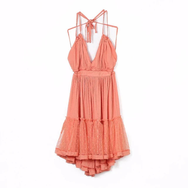 FashionSierra-Sexy  Deep V Neck  Sleeveless  Backless  Mini  Women  Summer  Beach  Lace  Vestidos  2025  Boho Dress