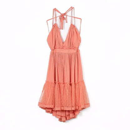 FashionSierra-Sexy  Deep V Neck  Sleeveless  Backless  Mini  Women  Summer  Beach  Lace  Vestidos  2025  Boho Dress