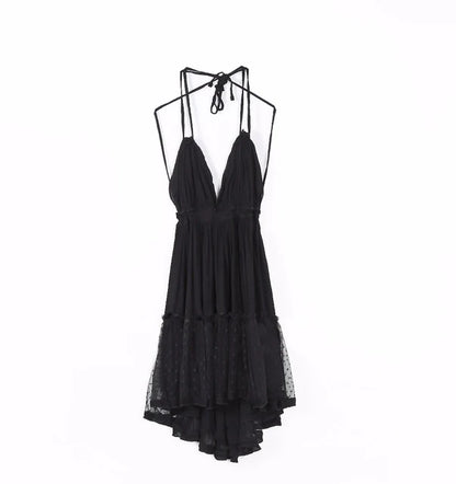 FashionSierra-Sexy  Deep V Neck  Sleeveless  Backless  Mini  Women  Summer  Beach  Lace  Vestidos  2025  Boho Dress