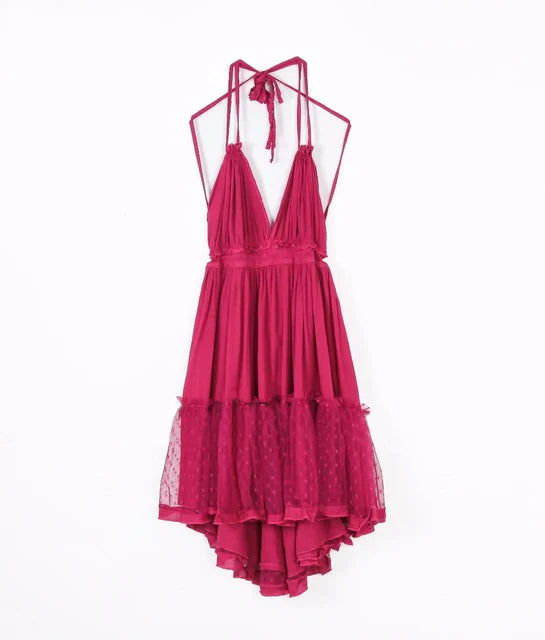 FashionSierra-Sexy  Deep V Neck  Sleeveless  Backless  Mini  Women  Summer  Beach  Lace  Vestidos  2025  Boho Dress
