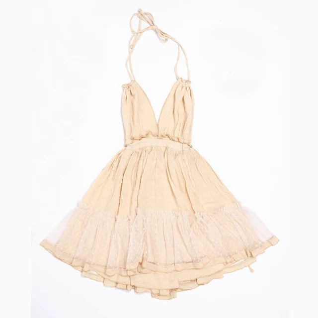 FashionSierra-Sexy  Deep V Neck  Sleeveless  Backless  Mini  Women  Summer  Beach  Lace  Vestidos  2025  Boho Dress