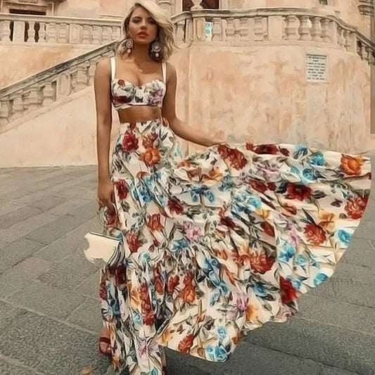 FashionSierra-Sleeveless Maxi  Women  2 Piece Set  Vintage Floral Print  Bohemian  Summer  Vestidos  Beach  Robe  2025  3XL Boho Dress