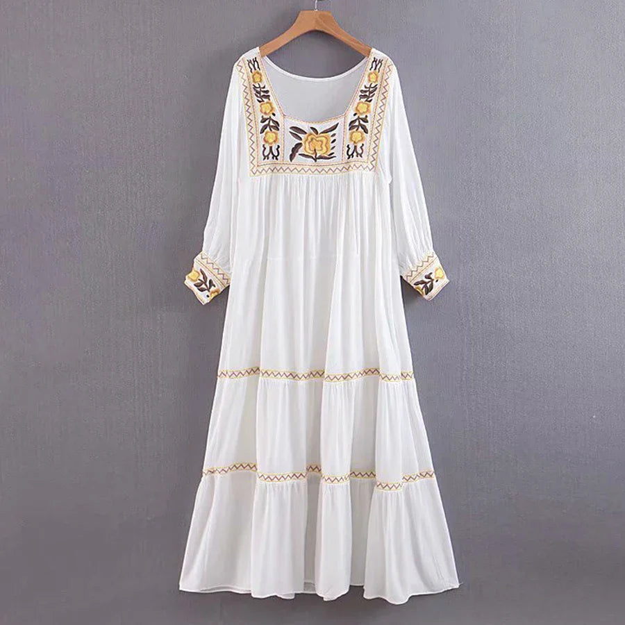 FashionSierra-Tunic  White  Floral Embroidery  Long Sleeve  Beach  Summer  Loose  Gypsy Boho Dress