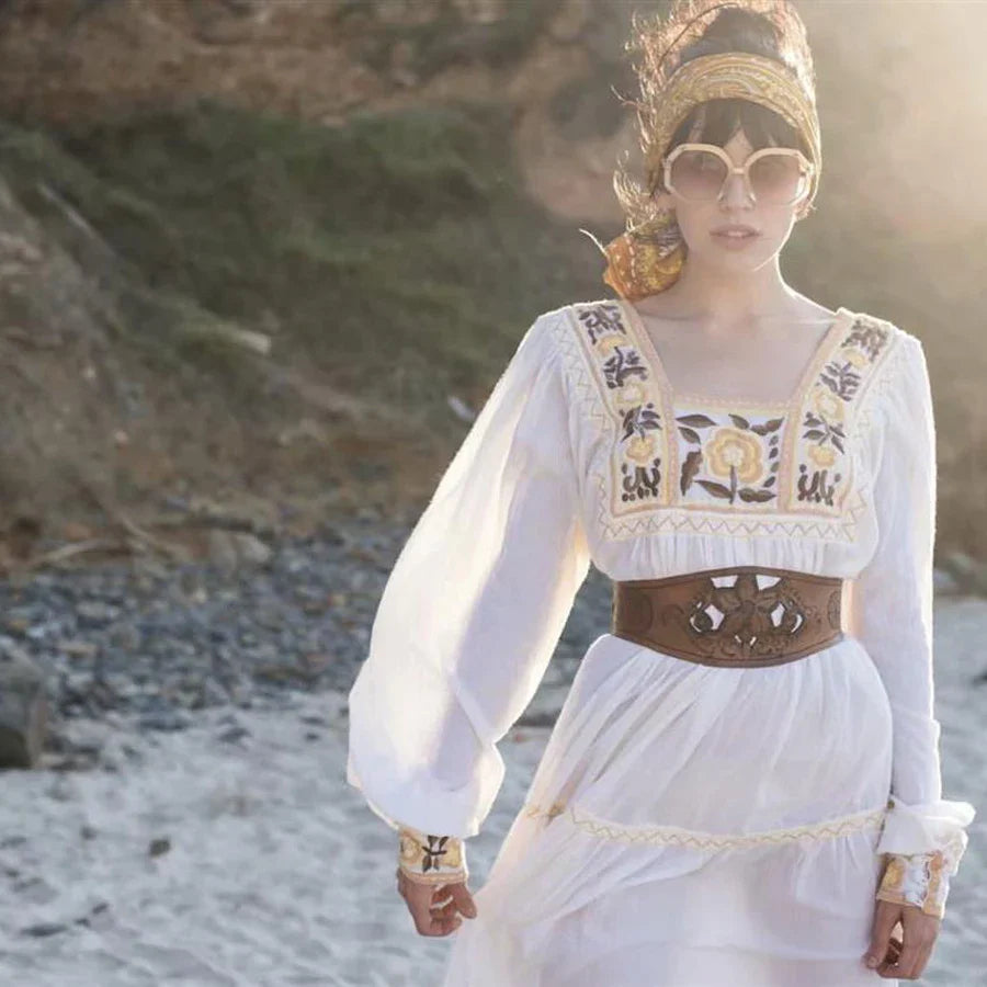 FashionSierra-Tunic  White  Floral Embroidery  Long Sleeve  Beach  Summer  Loose  Gypsy Boho Dress