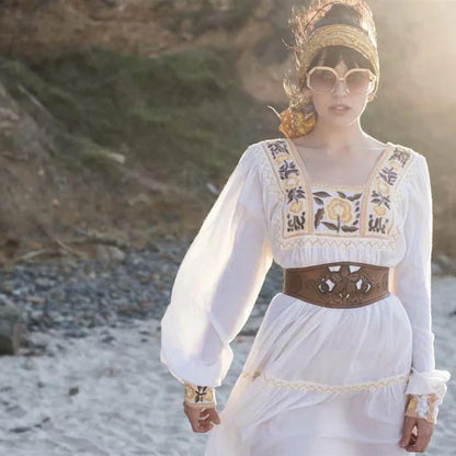 FashionSierra-Tunic  White  Floral Embroidery  Long Sleeve  Beach  Summer  Loose  Gypsy Boho Dress