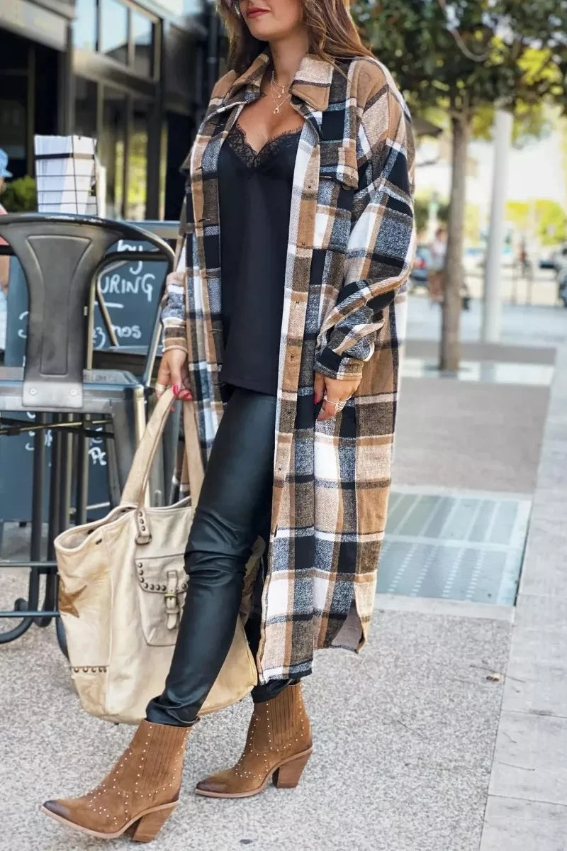 Lapel Plaid Coat Tops