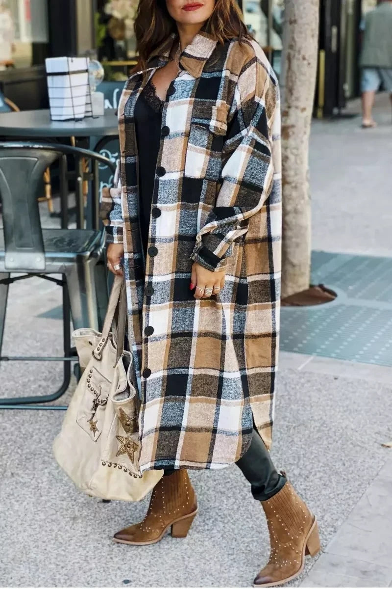 Lapel Plaid Coat Tops