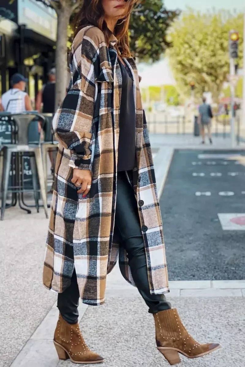 Lapel Plaid Coat Tops