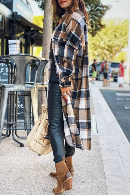 Lapel Plaid Coat Tops