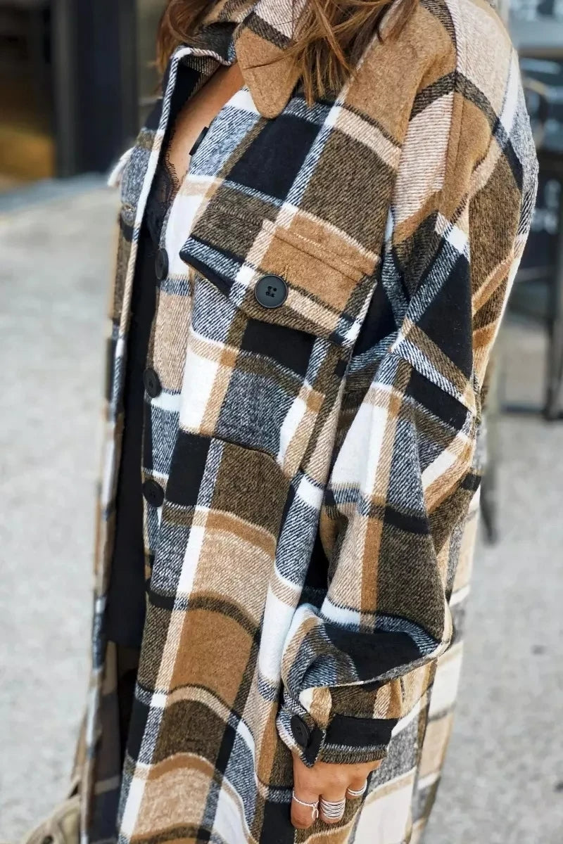Lapel Plaid Coat Tops