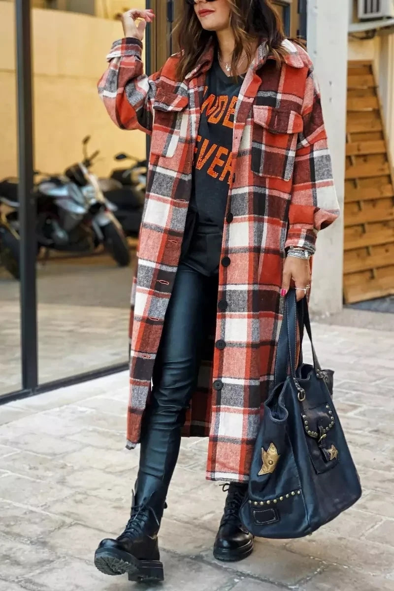 Lapel Plaid Coat Tops
