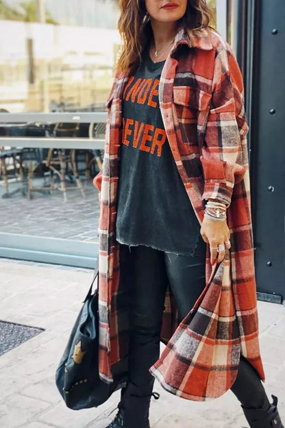 Lapel Plaid Coat Tops