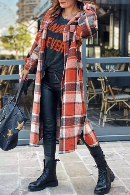 Lapel Plaid Coat Tops